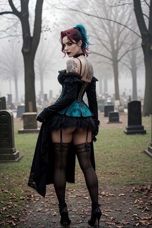 A Lace Choker Tight At Her Throat, In A Decaying Victorian Graveyard Shrouded In Fog, Casting Long AI Porn