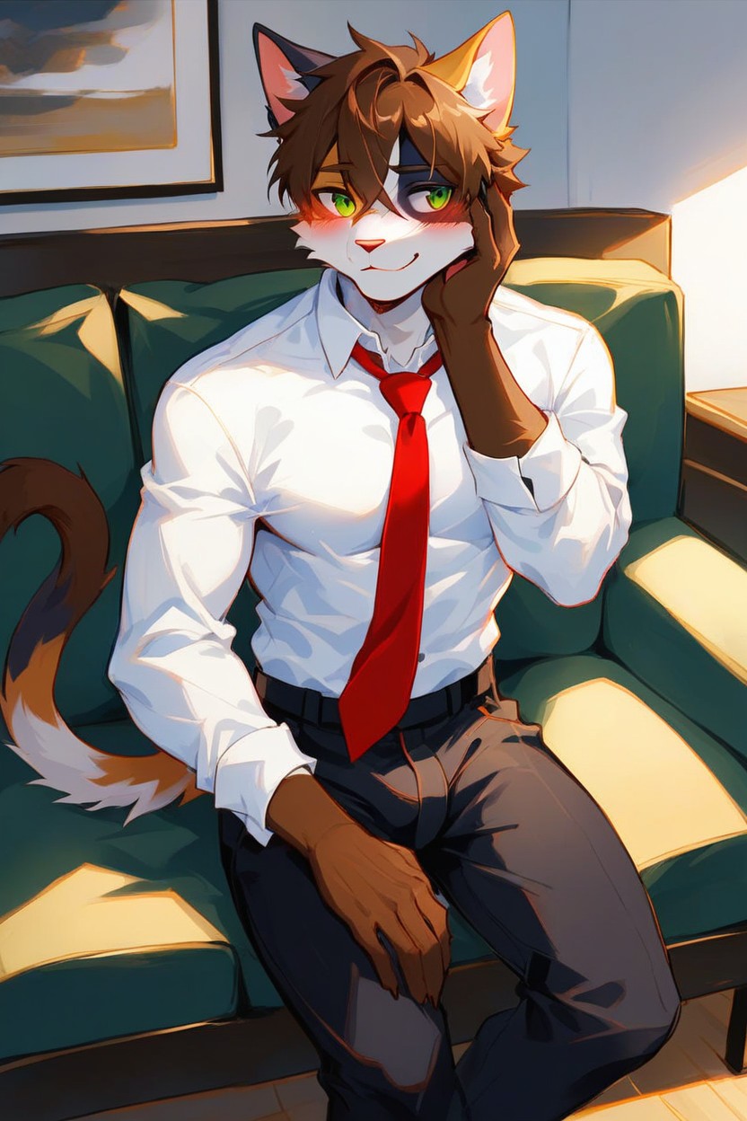 Green Eyes, Sitting On Couch, Embarrassed Expression ファーリーAIポルノ
