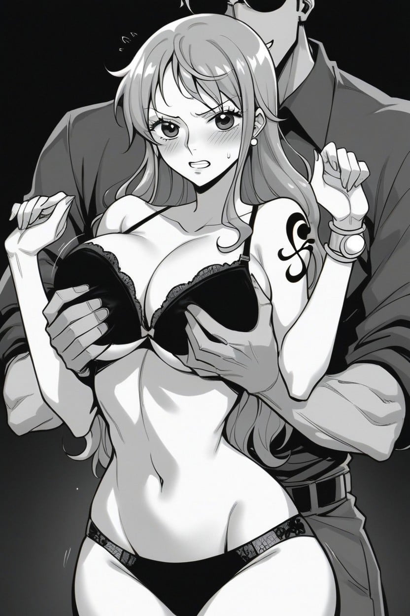 Black Man Grabbing Nami's Boobs, Man Sexually Groping Nami's Breasts, Black Bra Porno IA Hentai