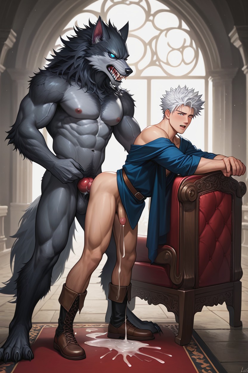 Werewolf Warrior Fucking, Cum Covered, Messy White Hair ゲイAIポルノ