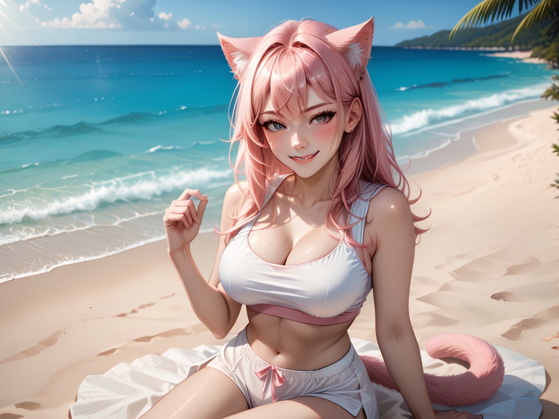 Pink Feline Ears, Emotional, Crop Top Hentai AI Porn