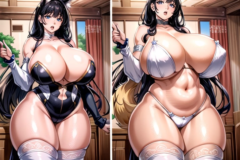 Long Straight Black Blue Hair, Split Screen, Ripping Clothes Hentai AI Porn