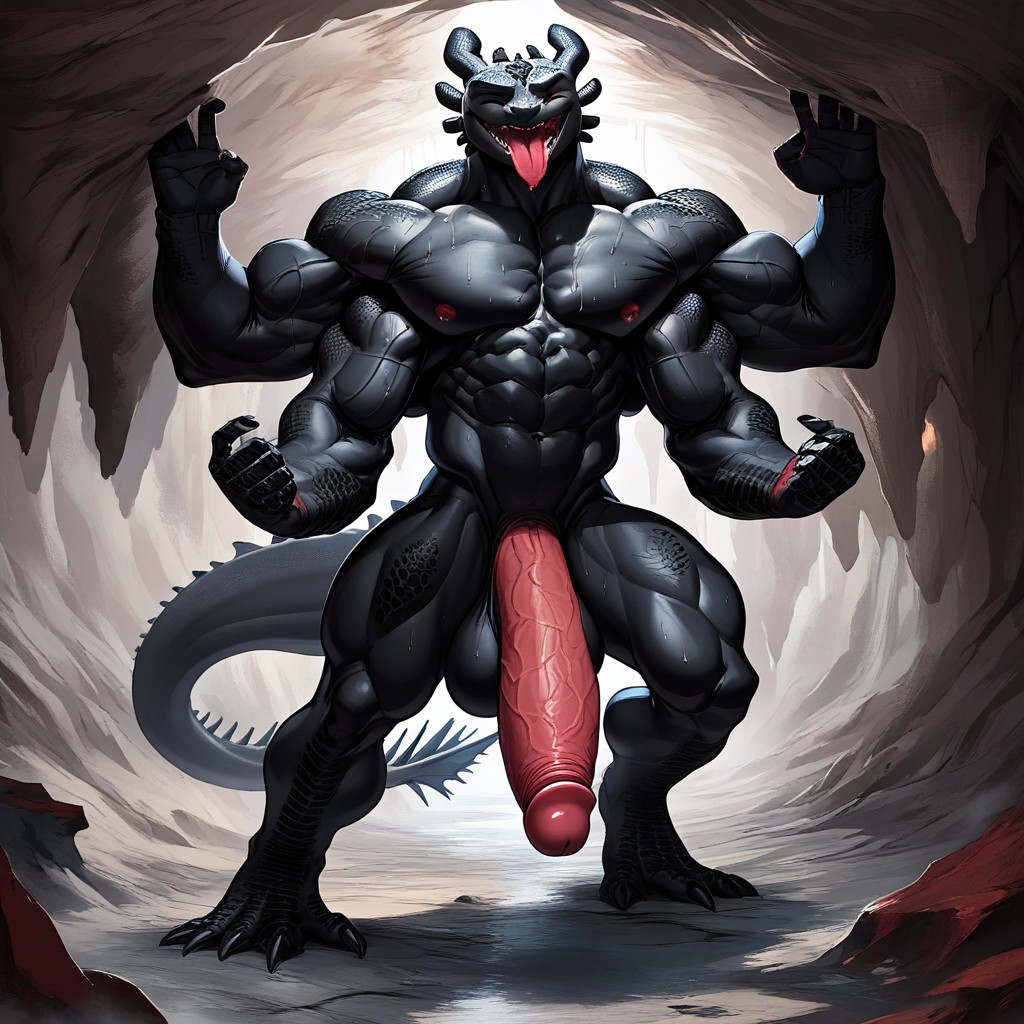 Detailed Scales, Two Cocks, As Tall As The Cave Furry AI Porn