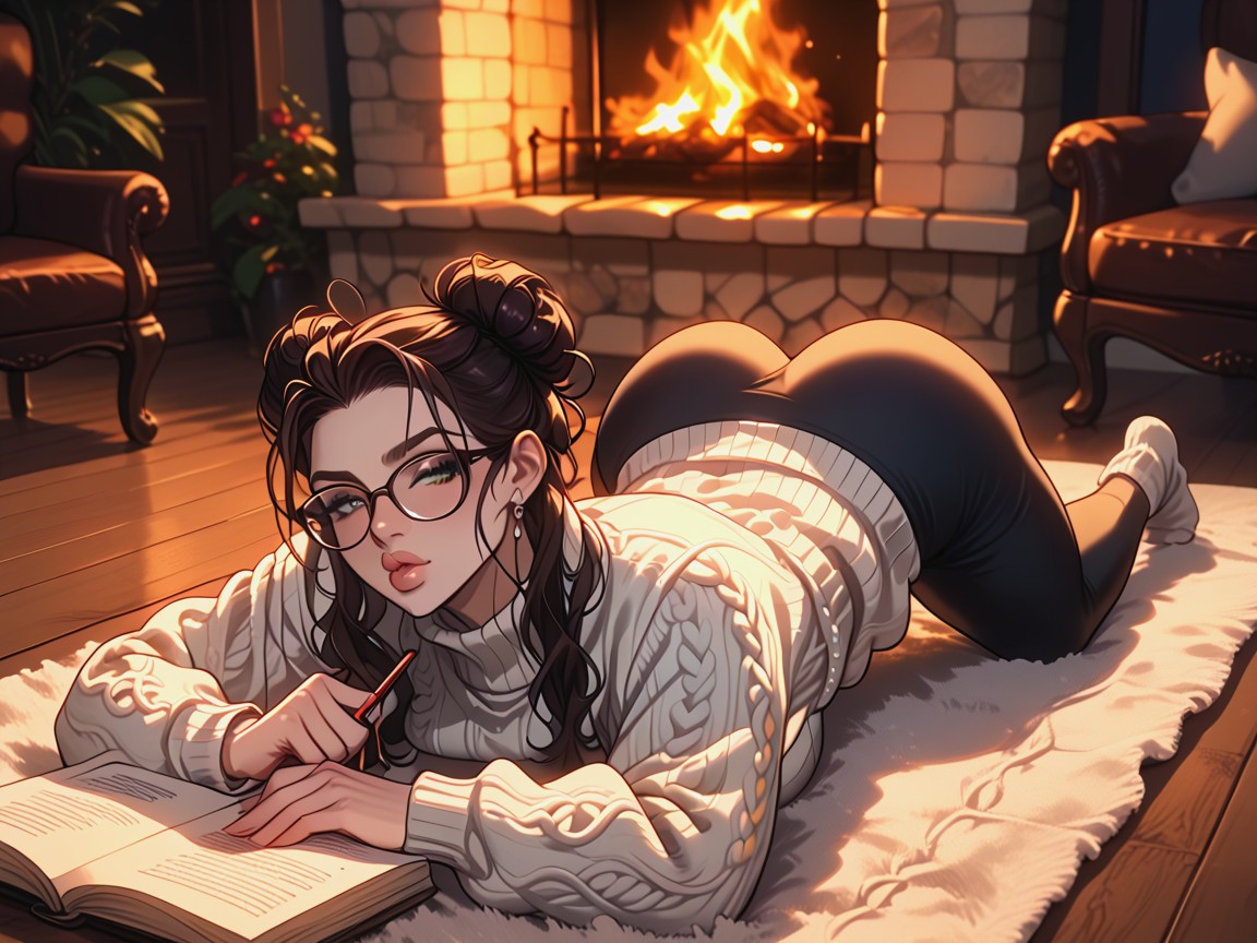 Brunette, White Wool Sweater, Glasses AI Porn