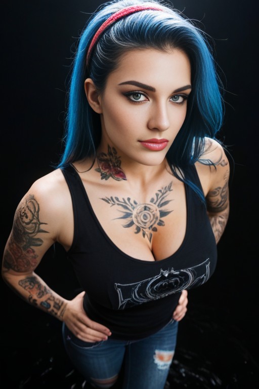 Full Body Tattoo, Standing, Wind In Hair AI Porn