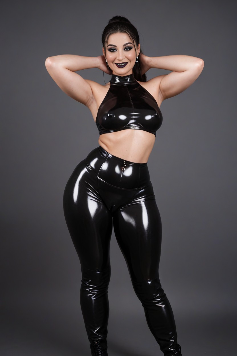Ultra Shiny Black Latex Dress Covering Her Whole Body, Sweaty Body, Latex Stripper Boots AI Porn