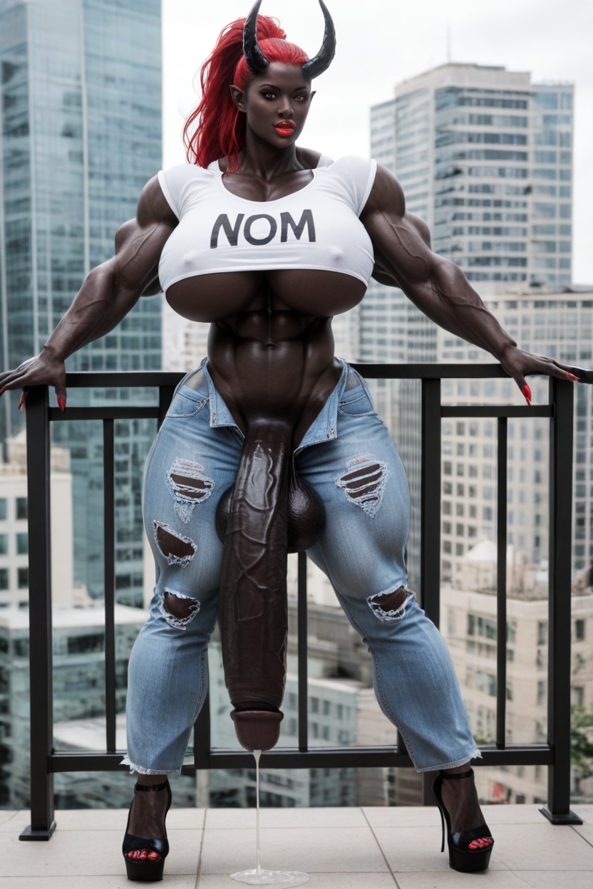 Hyper Black Balls, Long Ponytail, Gigantic Veins All Over Her Body Shemale AI Porn