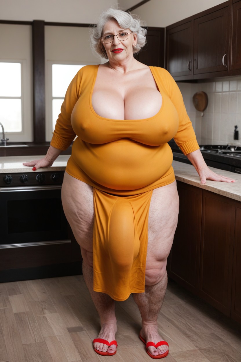 White Hair, Orange Sweater, Messy Hair Massive Cock AI Porn