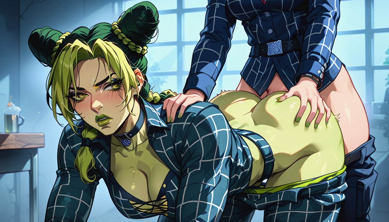 Makima Clapping Jolyne's Cheeks, Jolyne Breast Cleavage, Jolyne Pants Down Hentai AI Porn