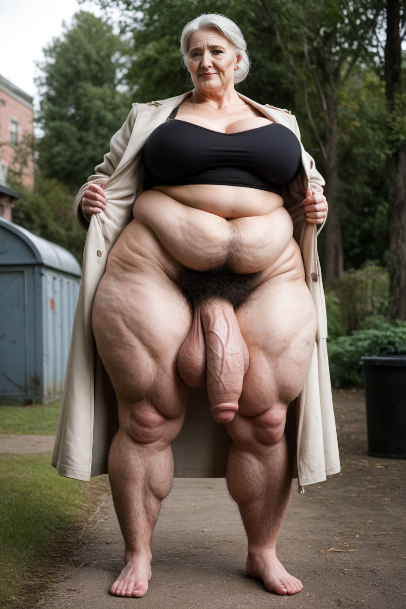 Extremely Massive Long Bulge Through Clothing, Cellulite Arms, Trench Coat AI Porn