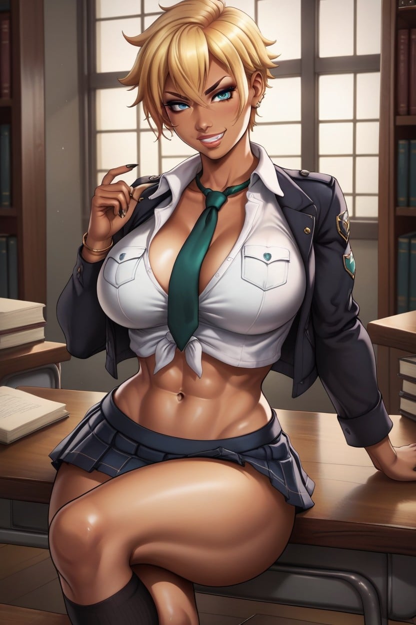 Makeup, Black Hair, Sitting On Desk AI Porn
