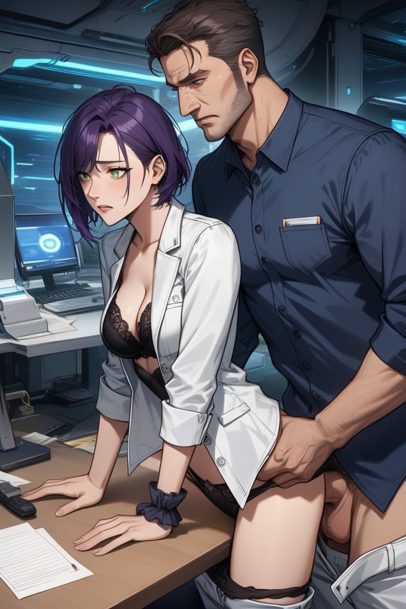 White Denim Jacket Open, Breasts Exposed, Sci Fi AI Porn