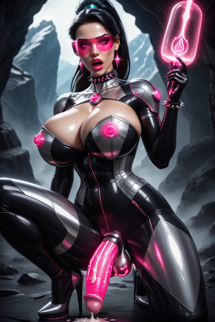 Her Eyes Glowing, Robotized Pocahontas, She Wears Blue And Black Latex Costume With Gloves ニューハーフAIポルノ