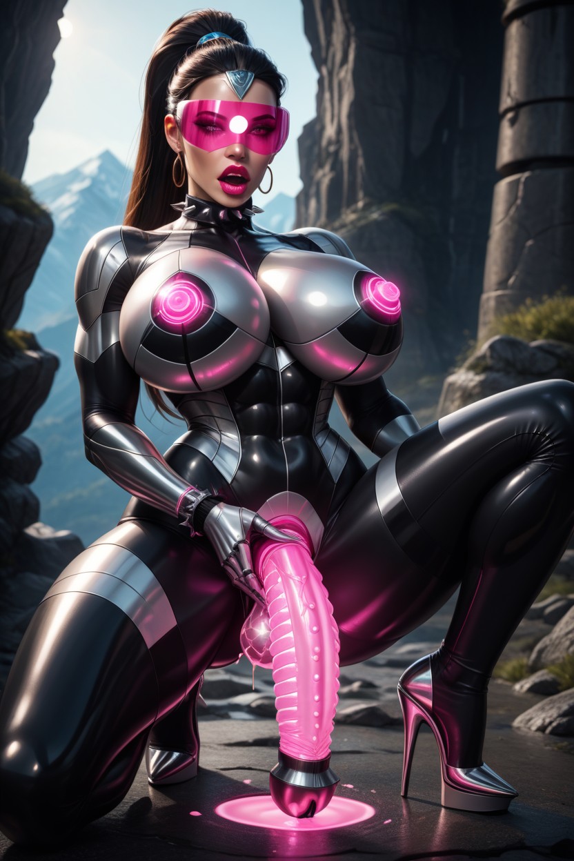 She Wears Clear Visor, She Wears Blue And Black Latex Catsuit And Gloves, Top Ponytail 人妖AI黃片