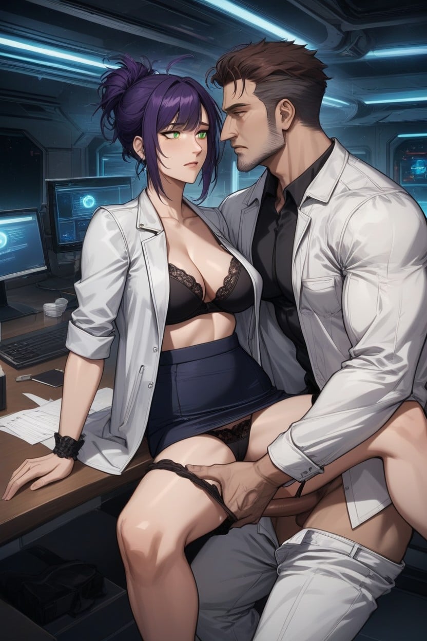 Breasts Exposed, In Spaceship Office, Man Hold Woman Wrist High AI Porn