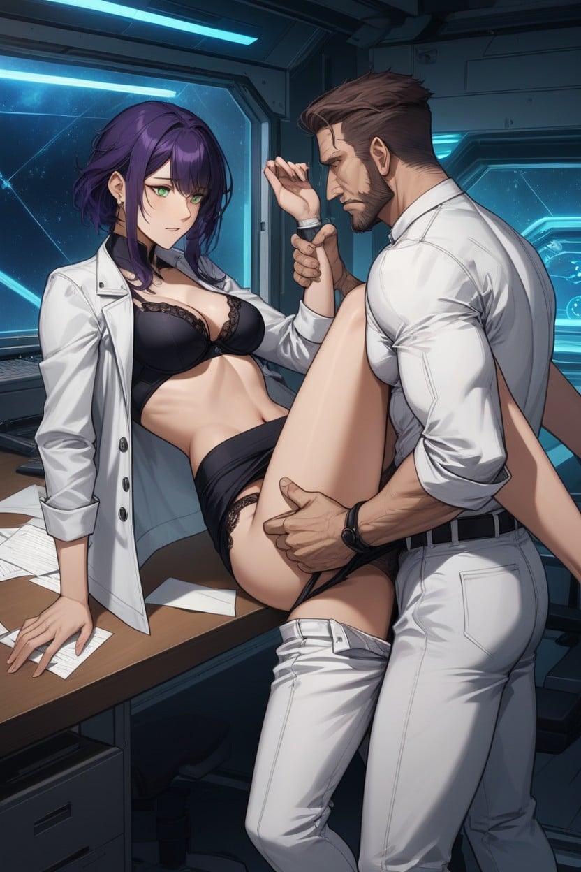 Legs Up, In Spaceship Office, Black Lace Panties Pulled Down AI Porn