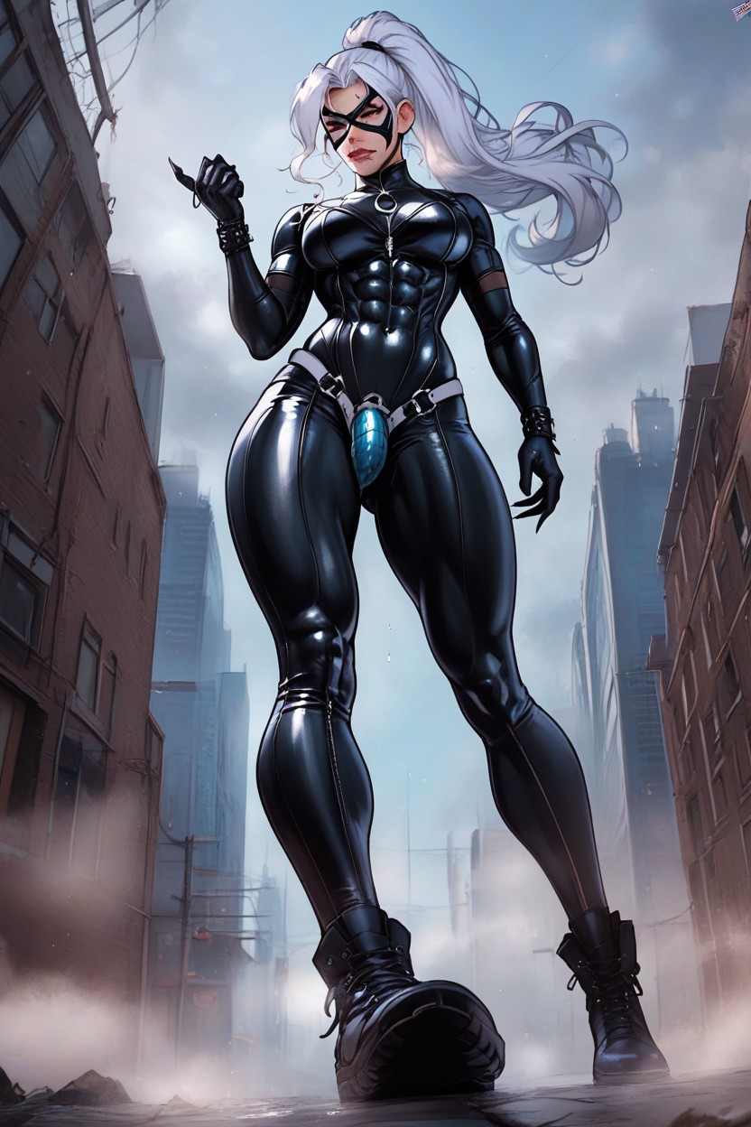 White Hair, Full Body, Full Black Latex Suit AI Porn