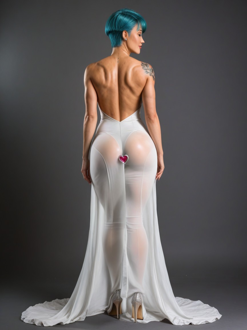 Bare Back, Fake Breasts On The Side, White Transparent Dress AI Porn