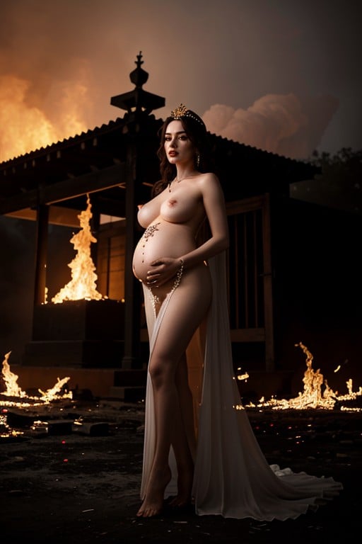 Standing, 18+, Revealing A Swollen Belly Crowned In Soot And Sweat Her Golden Tiara Burns With Unnatural Glow AI Porn
