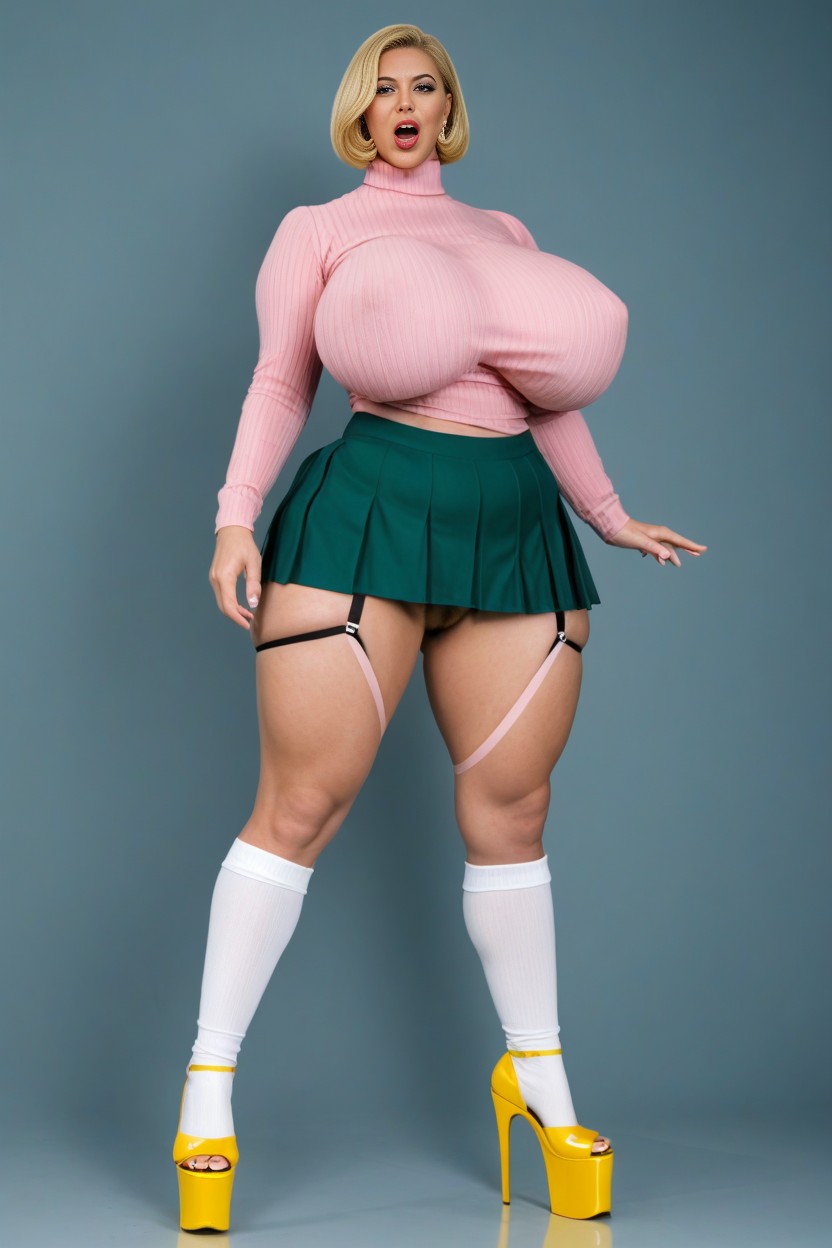 Front View, Giant Boobs, Big Hairy Pussy Peeking Out Of Skirt AI Porn