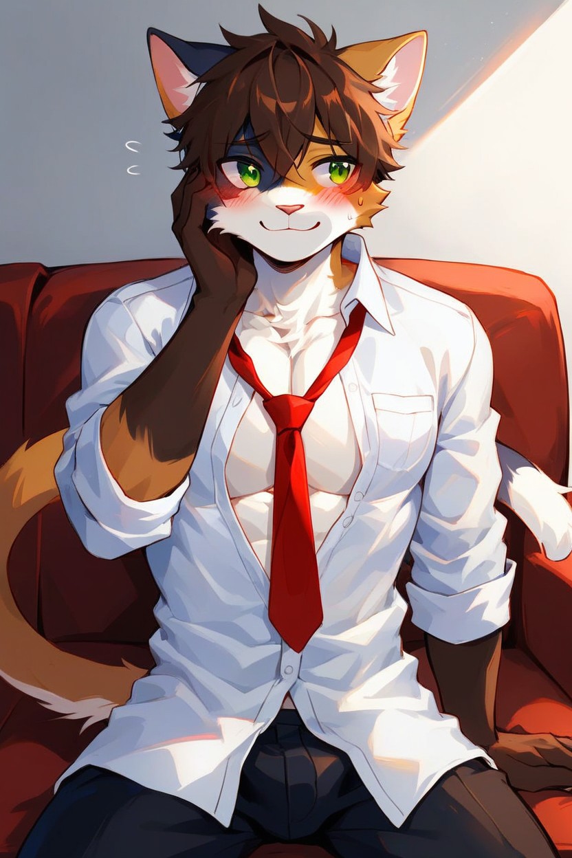 Exposed Chest, Calico Cat, Shy Smile Furry AI Porn