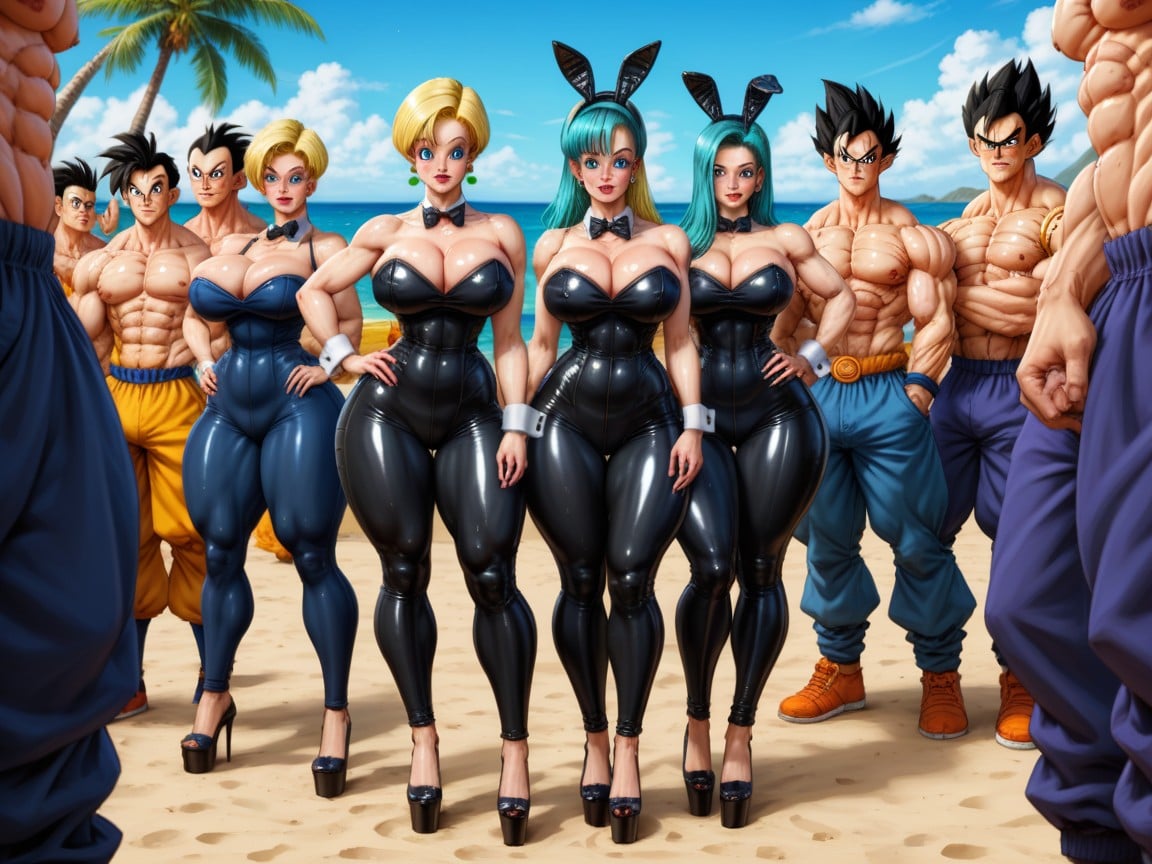 Paradise Beach, Vegeta From Dragon Ball, Six Men Black Skin With Massive Fat Barbed Cocks Surround Her AI Porn