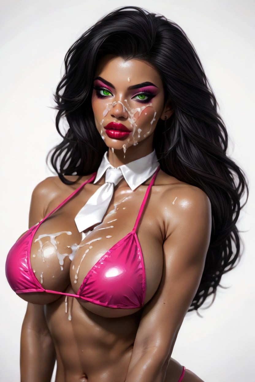 Wearing Only Bikini, Black Hair, Red Lipstick AI Porn