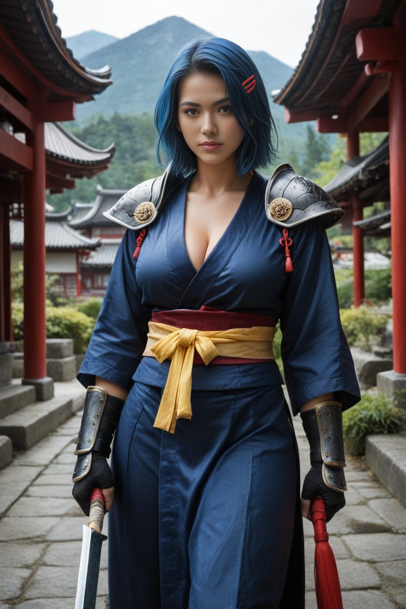 Very Realistic, Ninja, Blue Shoulder Length Hair AI Porn