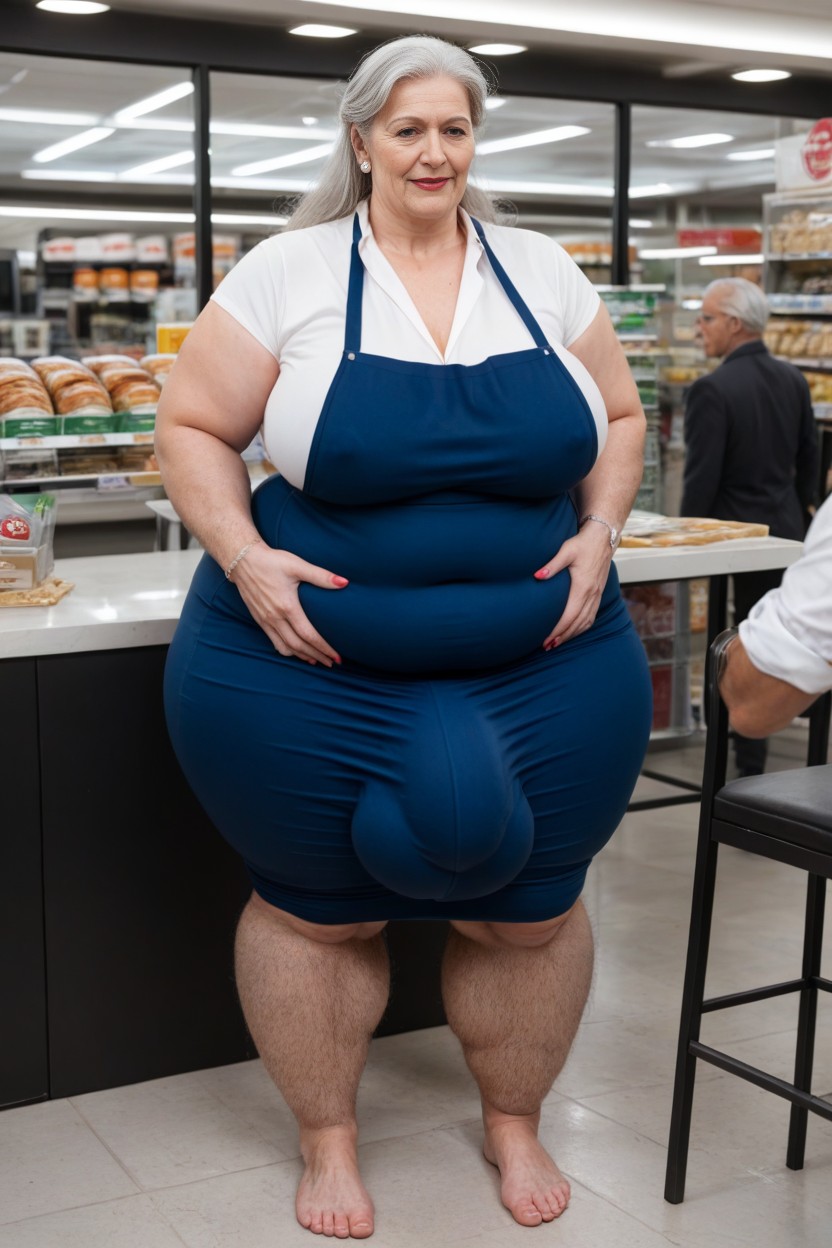 Convenince Store Worker, Big Belly, Large Long Bulge Through Clothing AI Porn