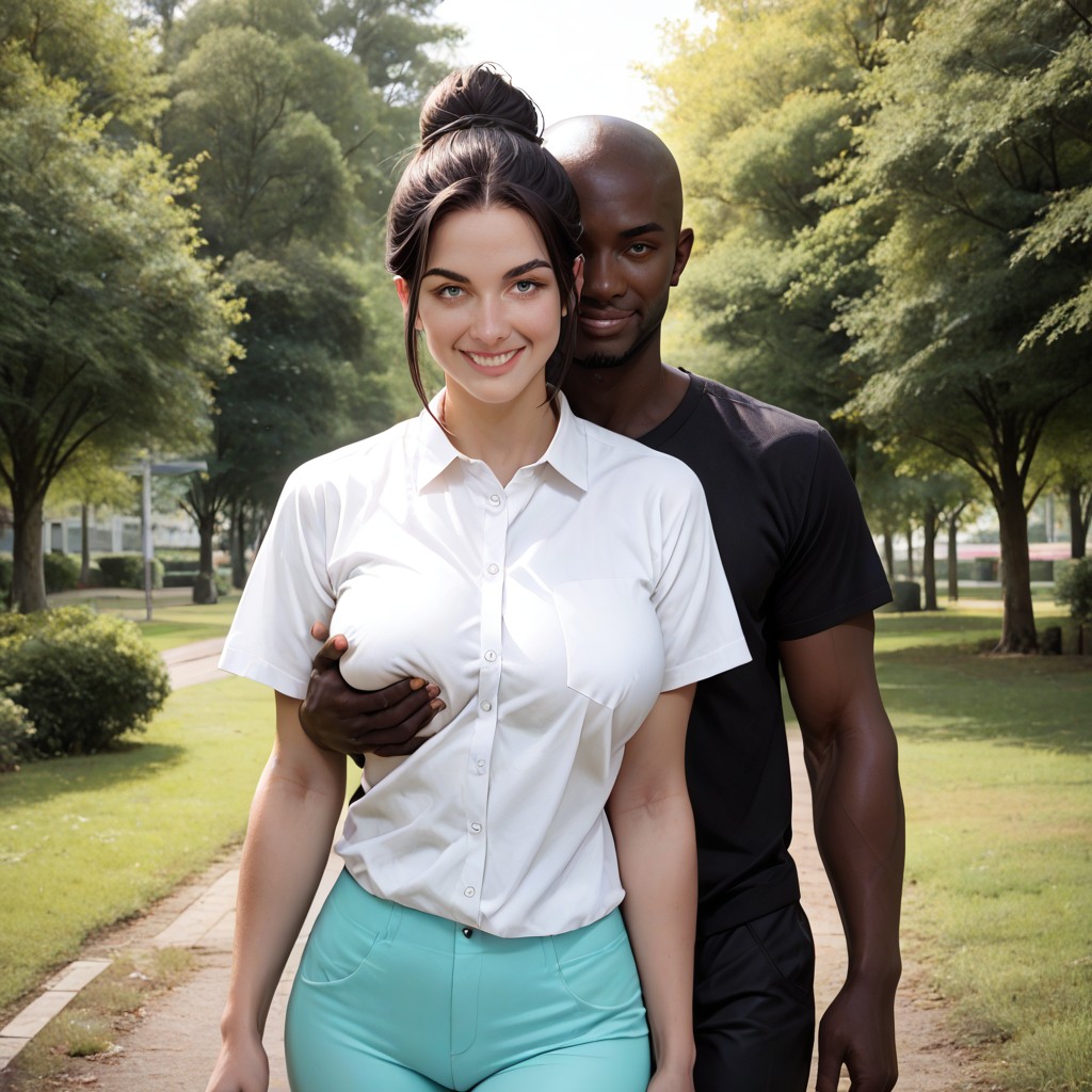 Front View, Submissive White Woman And Dominant African Black Man, Hyperrealistic Hentai AI Porn