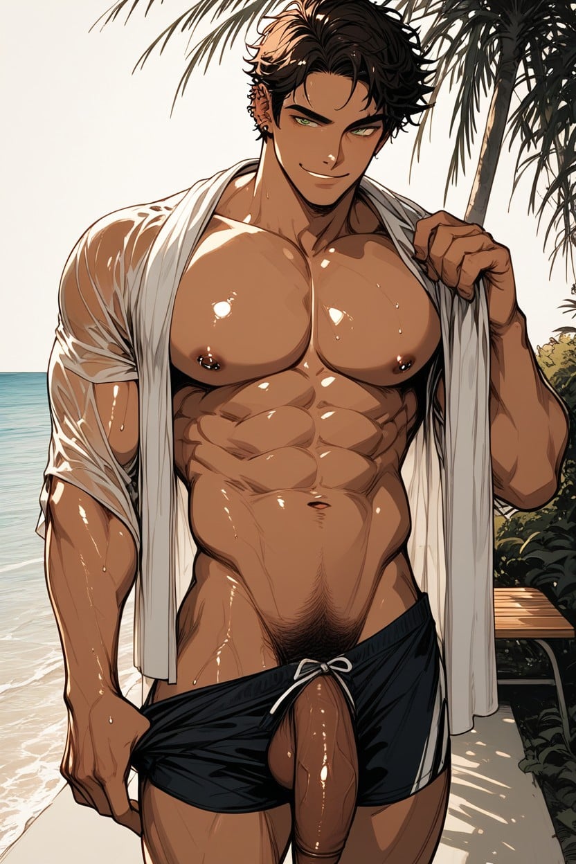 Large Pecs, Mischievous Smirk, Open Clothes AI Gay Porn