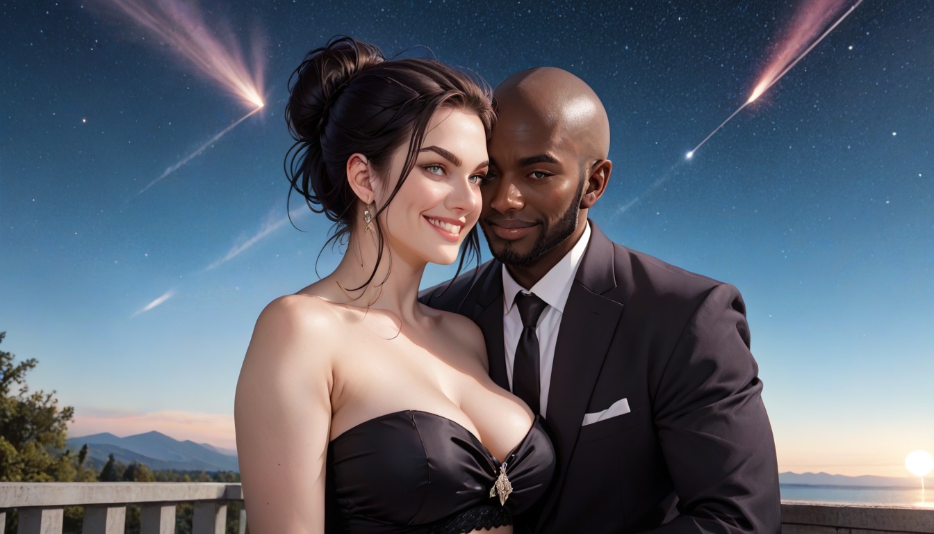 One Shooting Star In Night Sky, Resting Her Head Against His Shoulder, Cinematic Hentai AI Porn