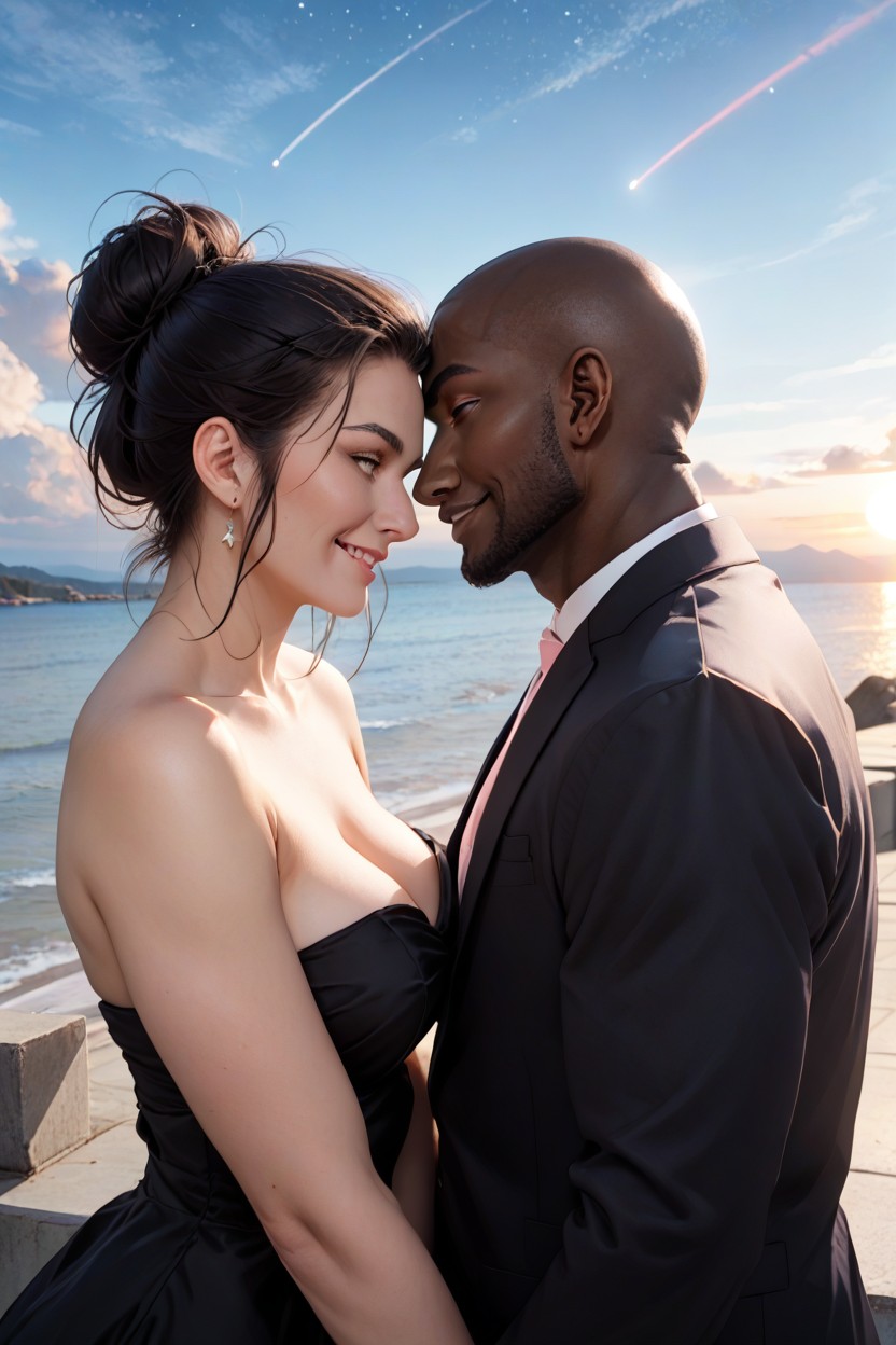 Happy, Her Head Is Resting Against His Shoulder, Sharp Skin Color Contrast Hentai AI Porn