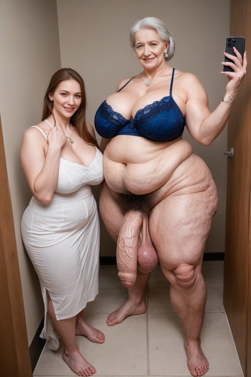 2 People, Extremely Wide Hips, Only White Hair Mature Face AI Porn