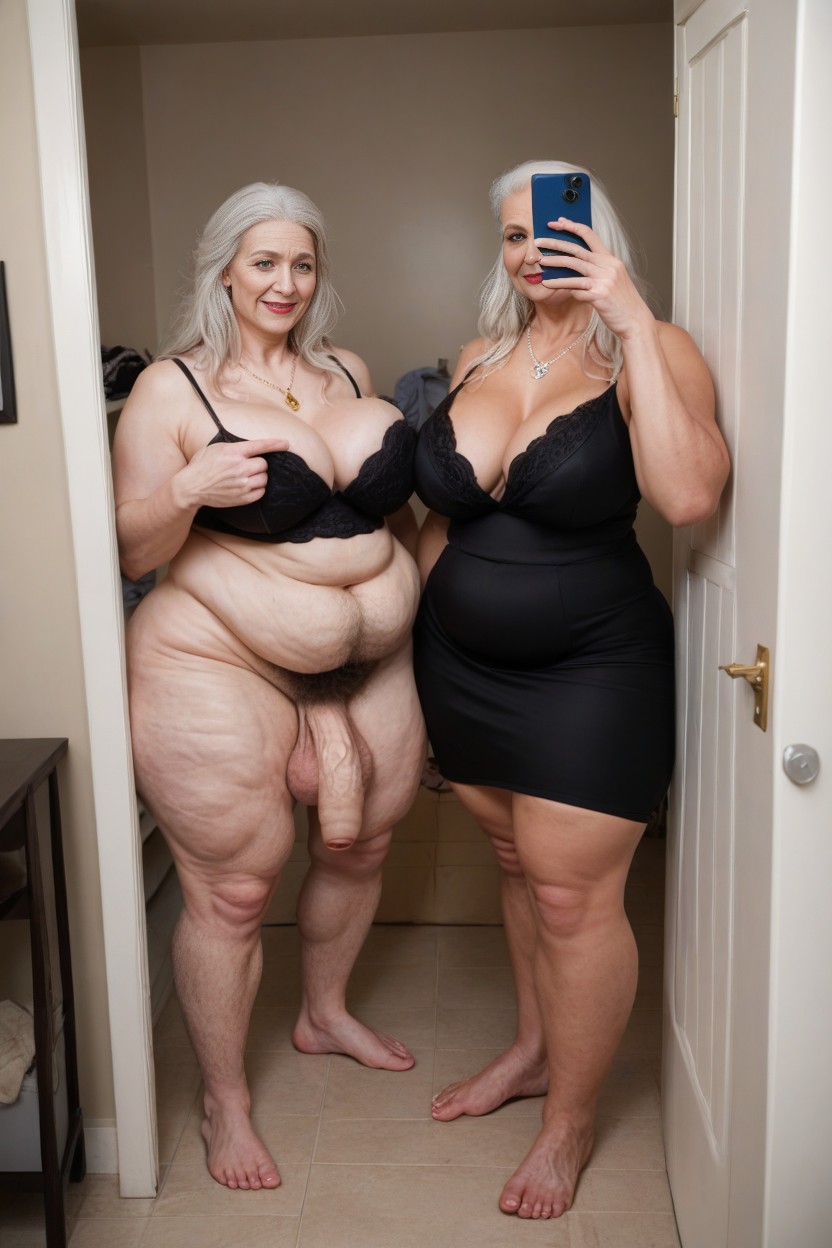 Peito Médio, Big Belly, Extremely White Hair Pornografia de IA