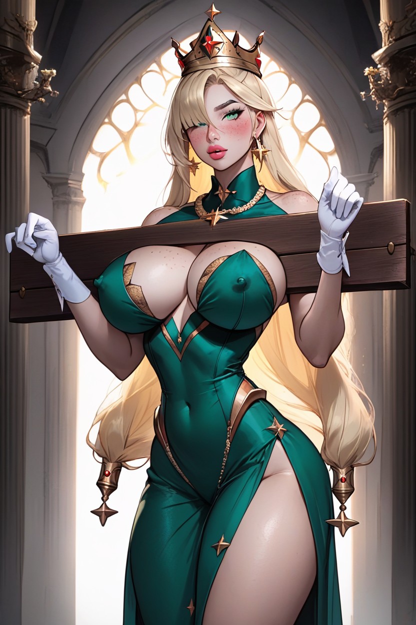Luxurious Green Dress, Blond Hair, Waist AI Porn