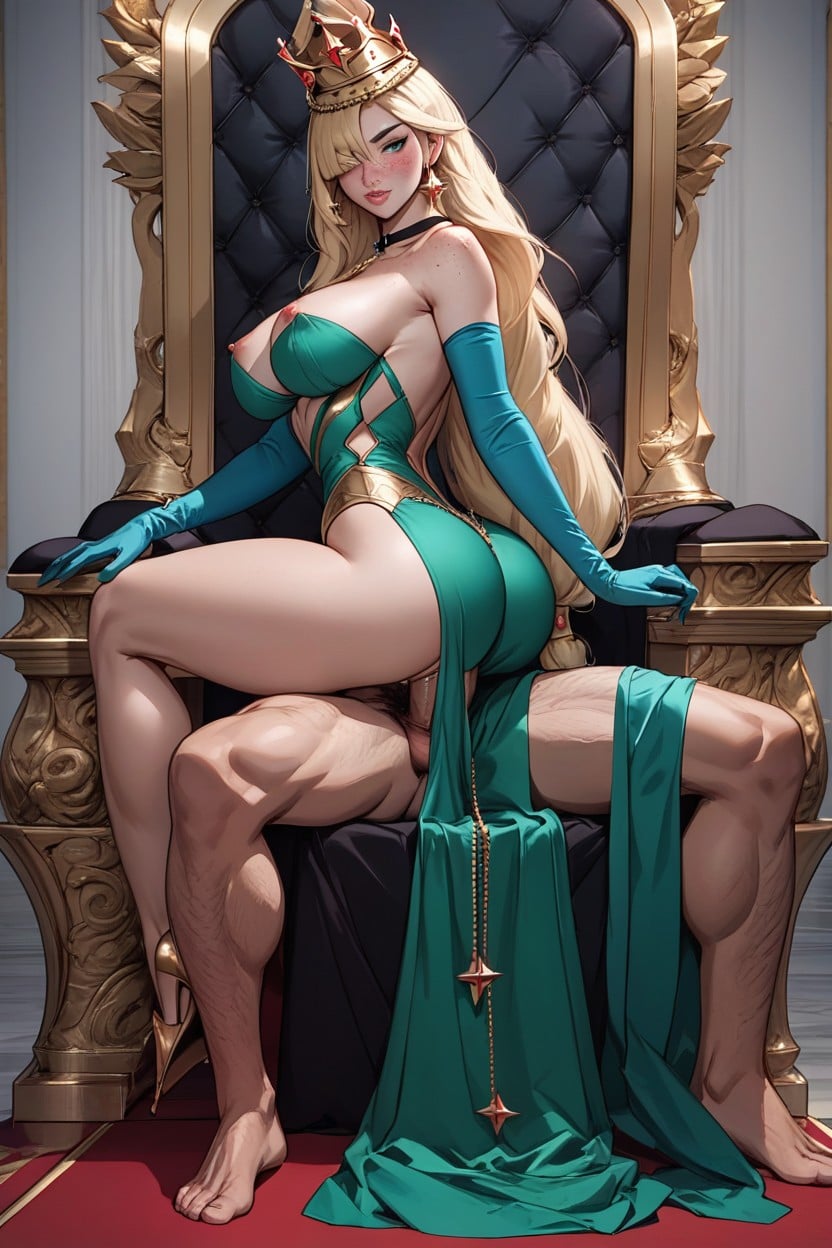 Wearing A Golden Crown, Extremely Wide Hips, Long Hair Pornografia de IA