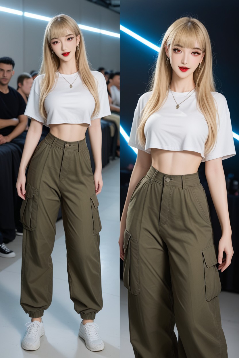 Long Hair, Ring Earrings, Extremely Wide Fit Cargo Pants Porno asiático IA
