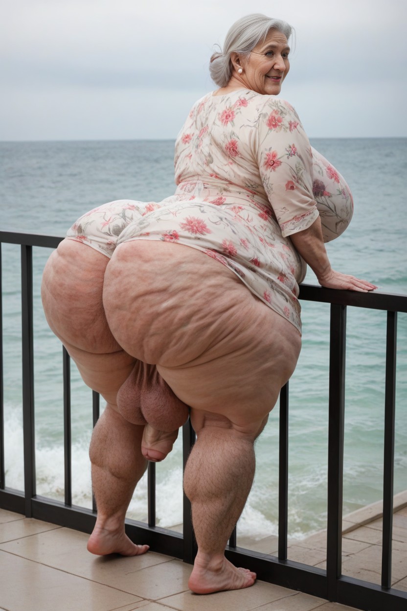 Standing On Balcony, White Hair, Extremely Large Ass AI Porn