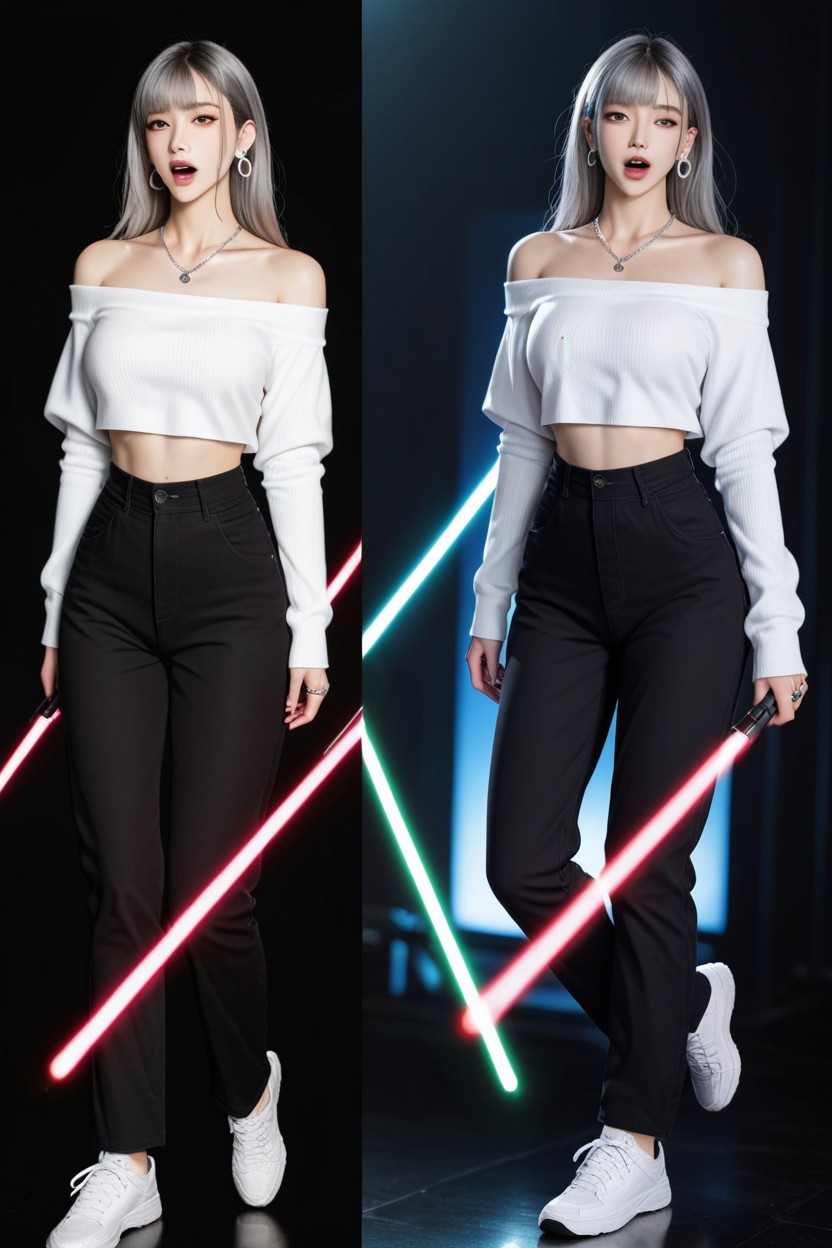 Upturned Eyes, Colorful Laser Beams, White Athletic Shoes AI国产黄片