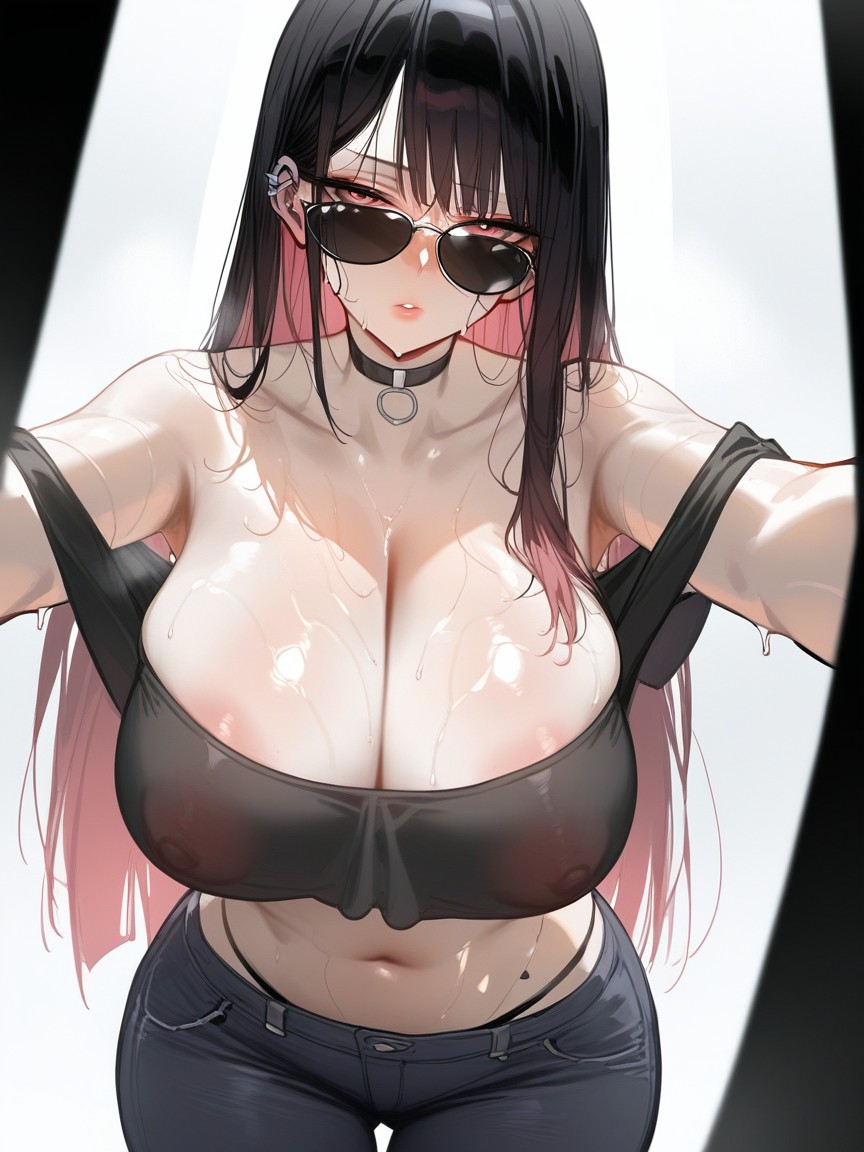 Dark Red Eyes, Black Hair, With Black Headphone/red Thinner Round Sunglasses/metal Ear Piercings Hentai AI Porn