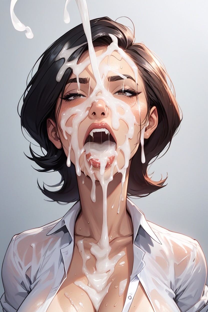 Nipples Exposed, Mouth Full Of Cum, Heavily Horny Expression AI黃片
