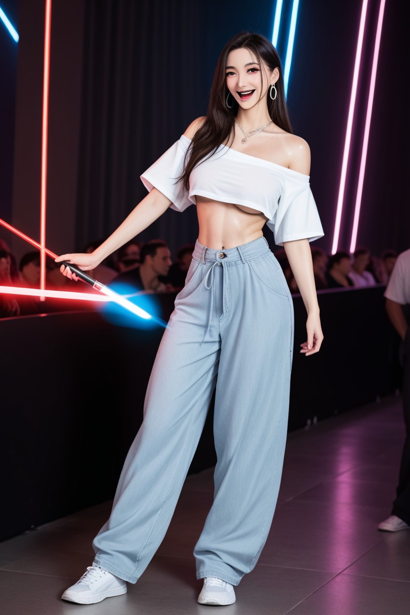 Silver Necklace, White Off-shoulder Knit Top Shirt, L'orgasme Heureux Porno IA Asiatique