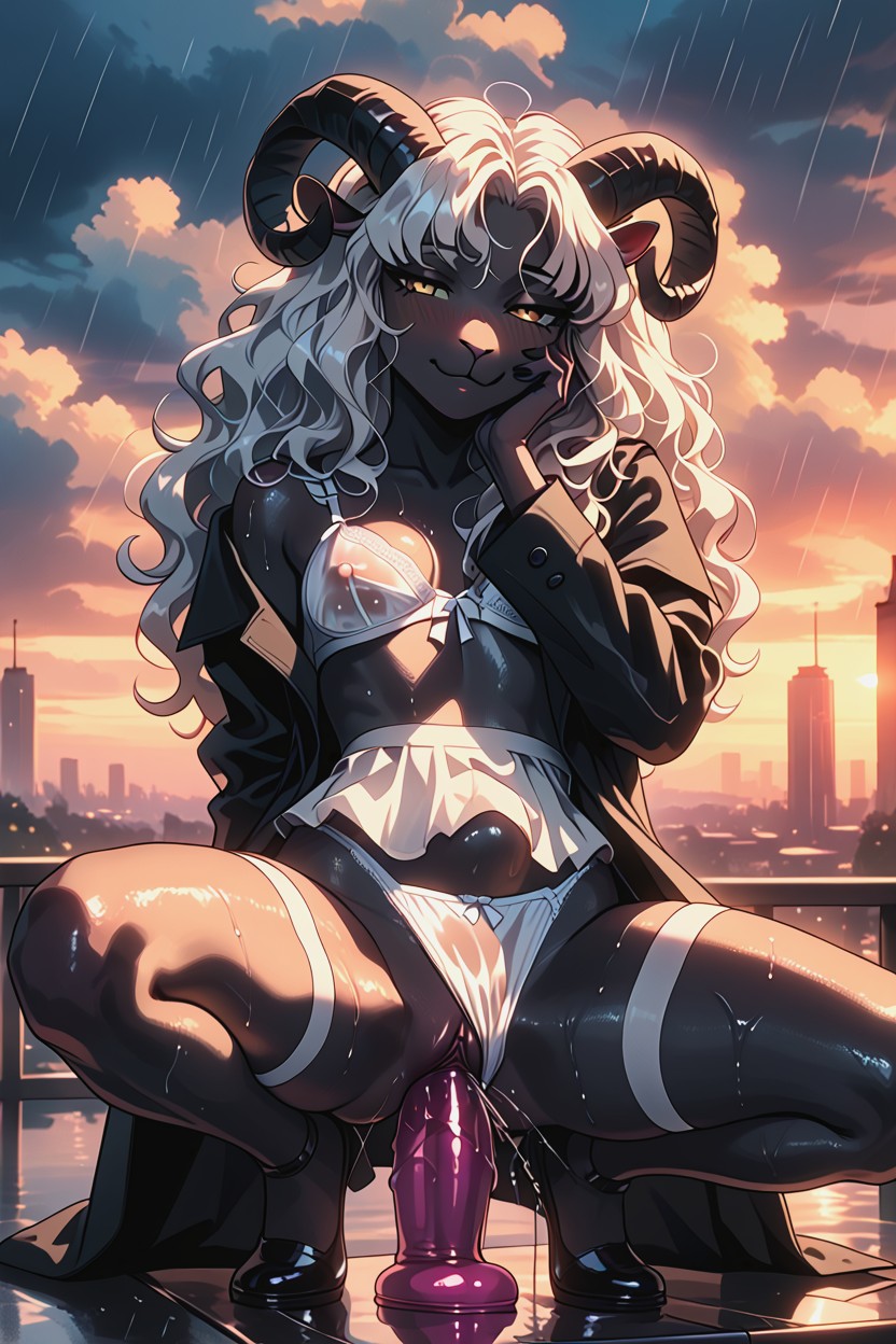 Squirting, Sunset, Black Trench Coat Furry AI Porn