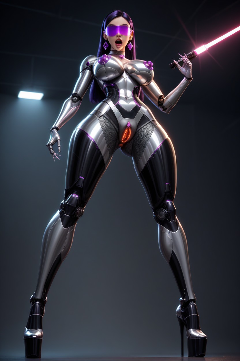 Clear Visor, Metallic Nipples Emitting Laser, Opened Mouth AI Porn
