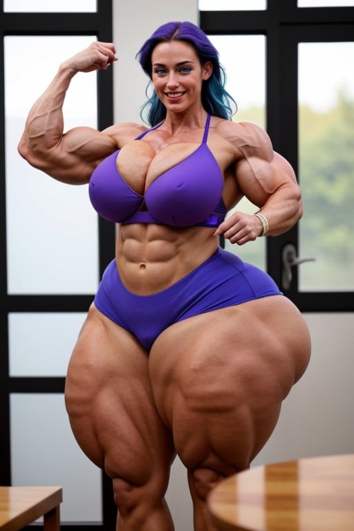 Voluminous Hair, Hyper Gigantic Massive Muscles Woman, Glossy Purple Lipstick AI Porn