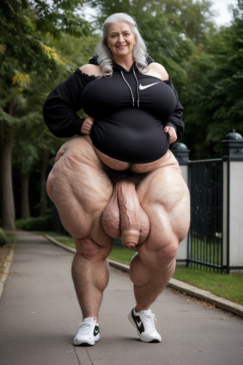 Nike Brand Hoodie, Full Body, Hairy Feet Hairy Ankles Hairy Bushy Thighs Like A Sasquatch AI Porn