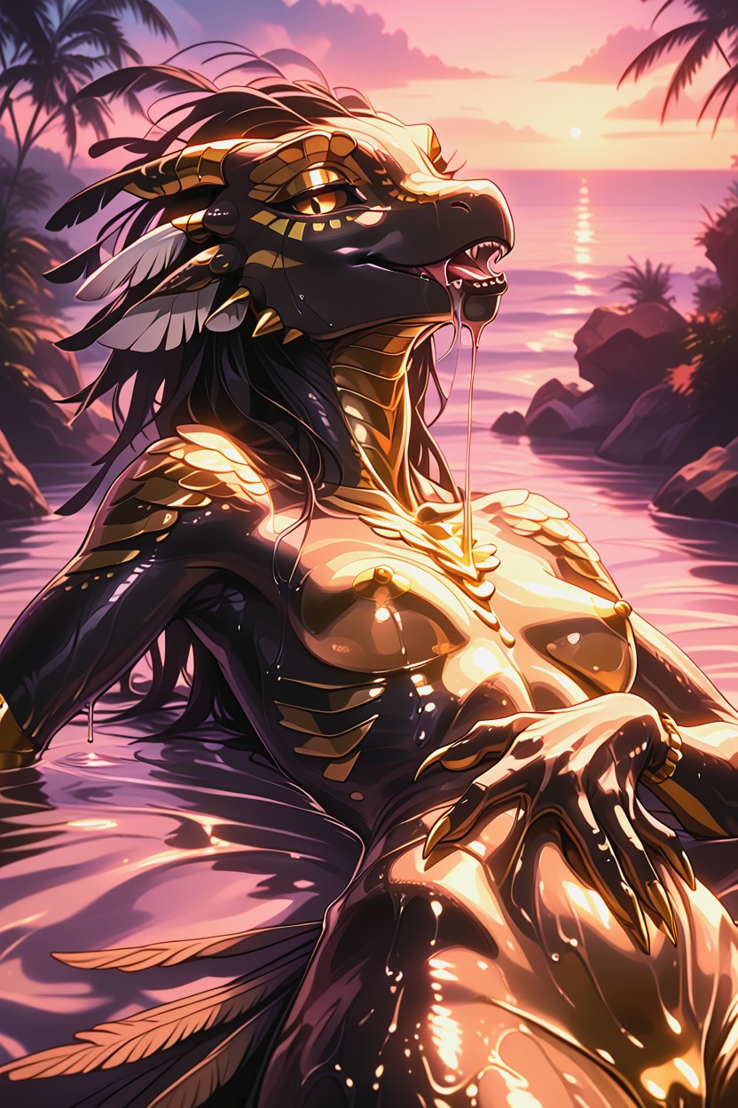 Large Feathers, Black And Gold, Oiled Skin AI獸人黃片
