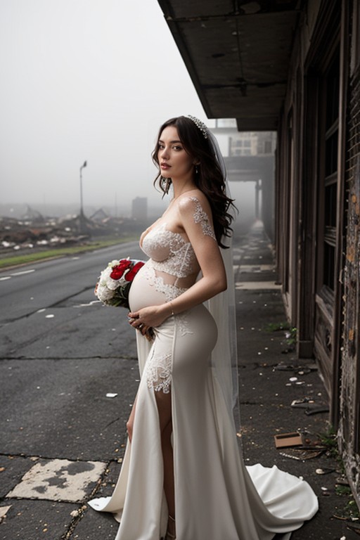 Surrounded By Shattered Glass, Nsfw, And Windblown Medical Masks Her White Bridal Dress Is Torn And Rain Soaked AI Porn