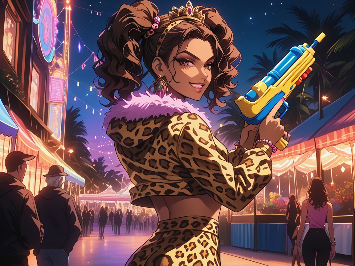 Slicked Brunette Twin Tails, Leopard Print Jacket With Fur Trim, Amusement Park Hentai AI Porn